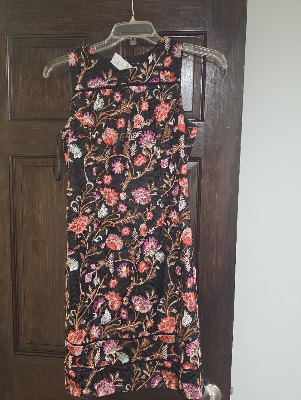White House Black Market Black Mini Dress with Multicolor Floral Embroidery